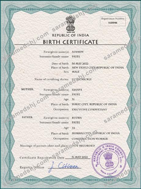 India vital record birth certificate PSD template